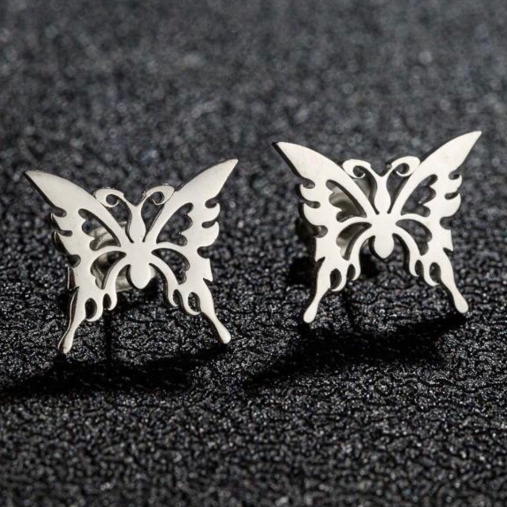 “Tribal Butterfly” Silver Stainless Steel Lasercut Cut-out Hollow Dainty Earring - Picture 5 of 6